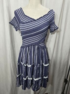Japna blue and white striped smocked criss-cross bodice tiered ruffle mini dress